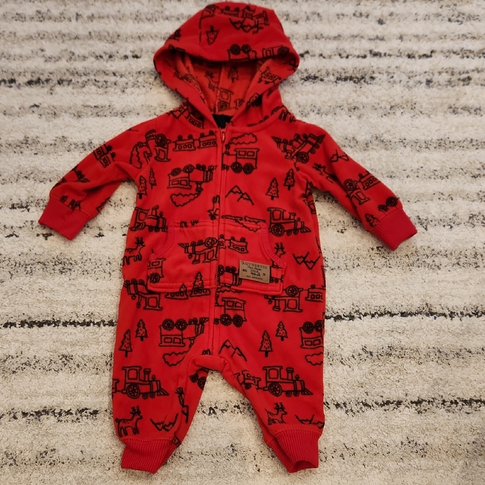 Carter's Fleece Red Train Pattern One Piece Hoodie Size 3 Months